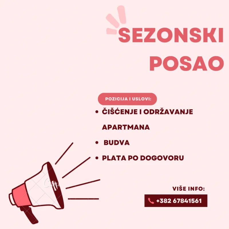POSAO - HITNO POTREBNA ŽENA ZA ČIŠĆENJE APARTMANA U BUDVI